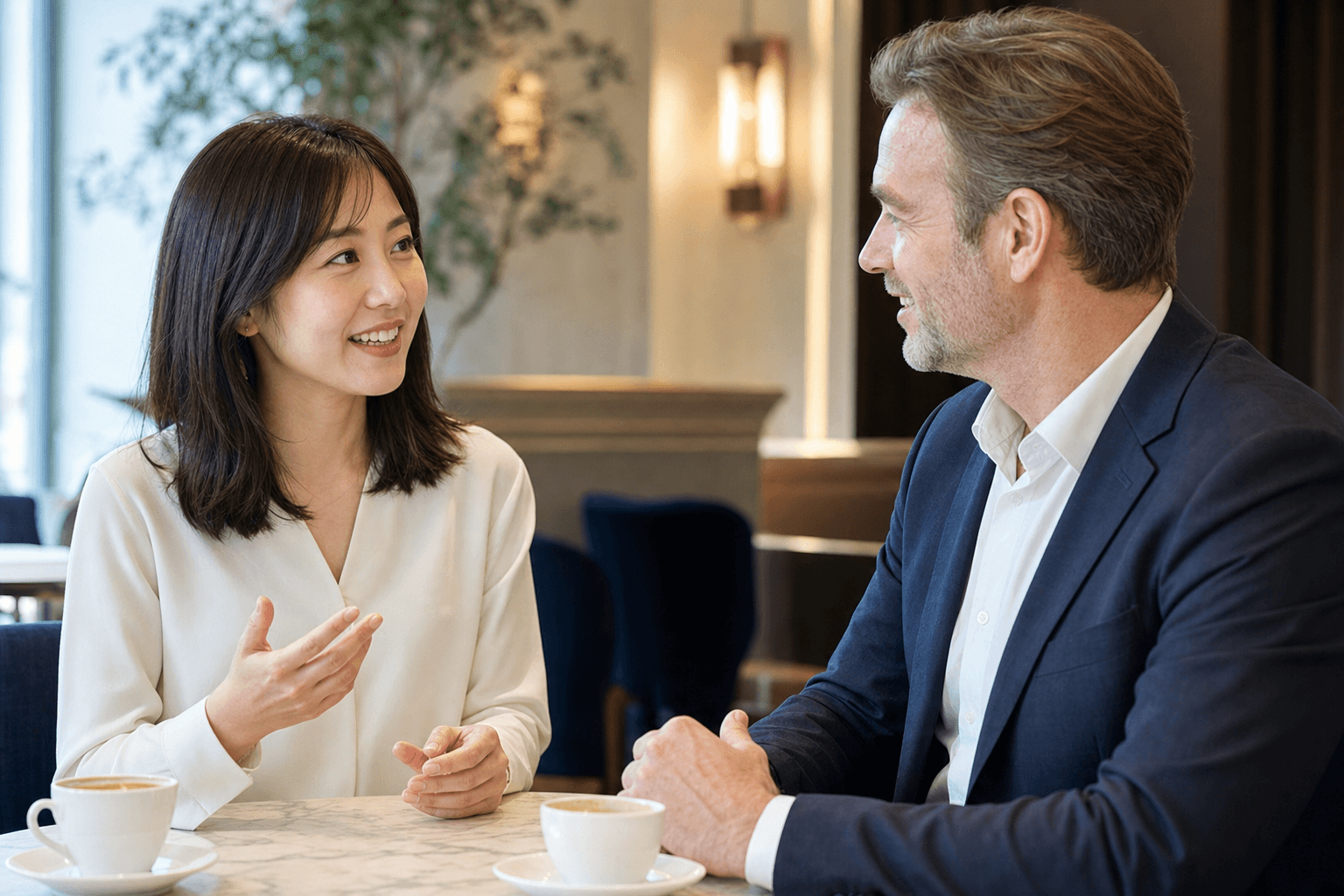 日本人と外国人が英語で会話している様子